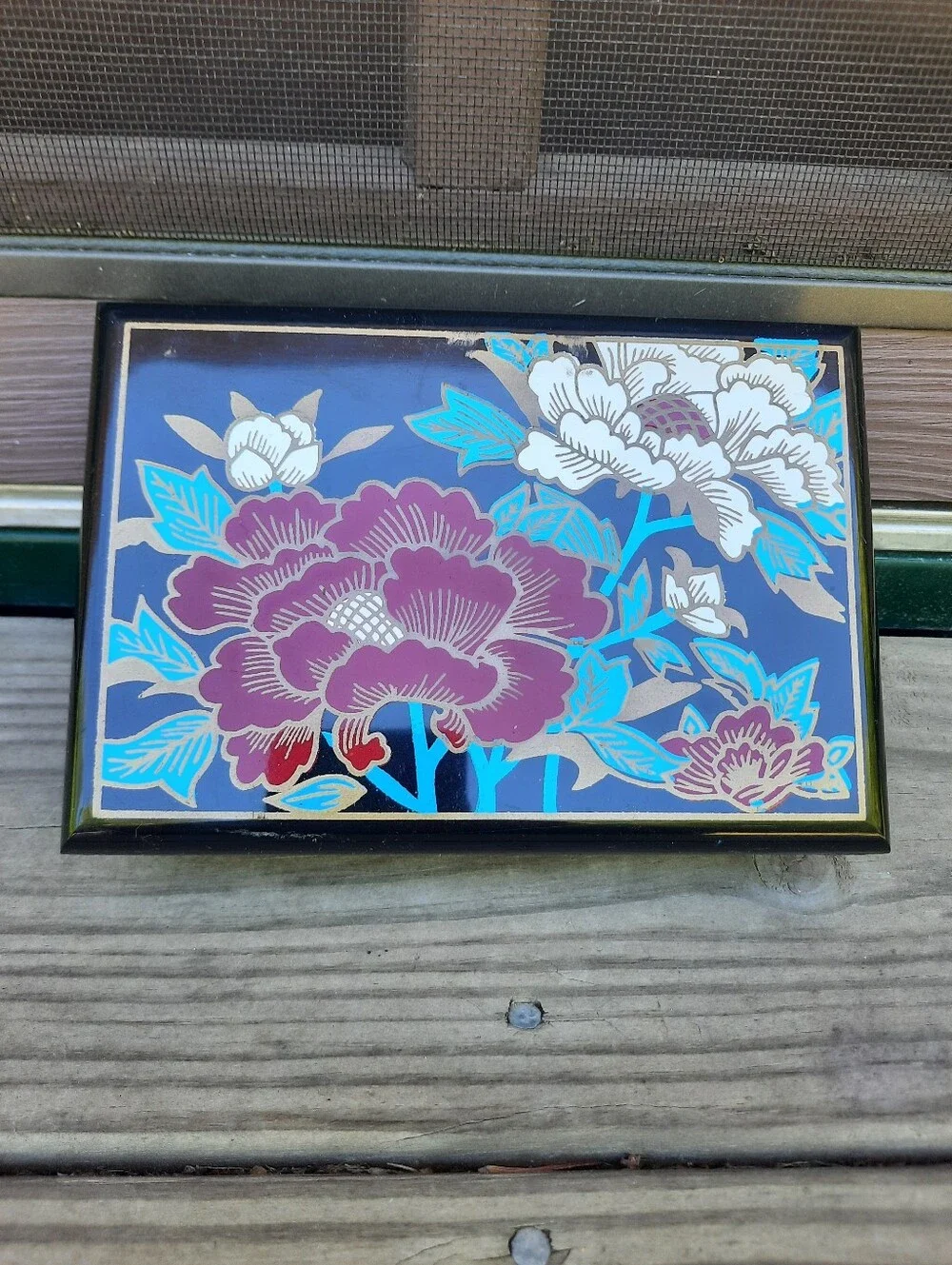 Vintage Asian Black Hard Plastic Peony Painted Lined Mirror Jewelry Box Small